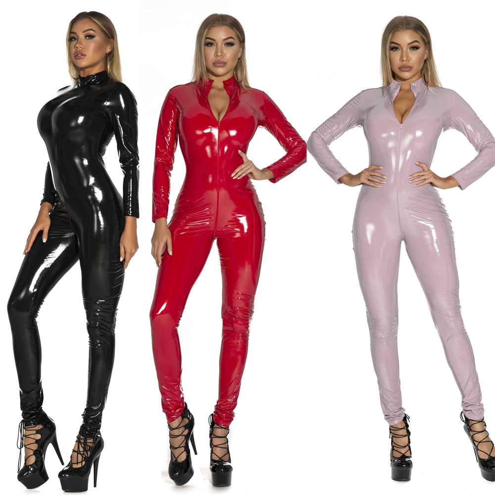 Sewing Latex - 女性のセクシーな光沢のある PU フェイクレザージャンプスーツ長袖ジッパーオープン股キャットスーツナイトクラブ PVC ラテックスウェットルックボディスーツ S-5XL