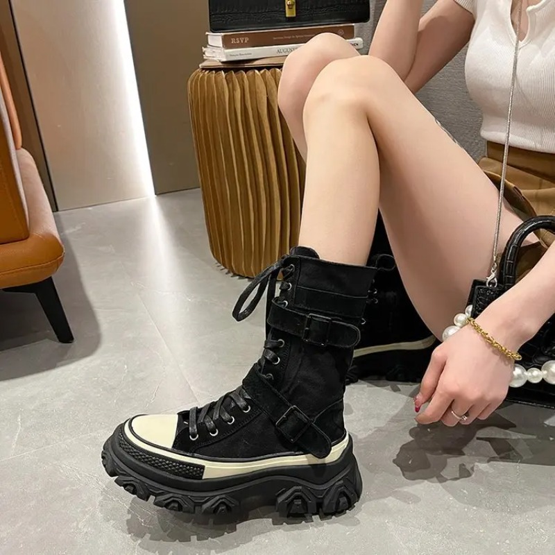 厚底プラットフォームレディースブーツ ヴィンテージキャンバス - Sewing Latex のレビューと価格